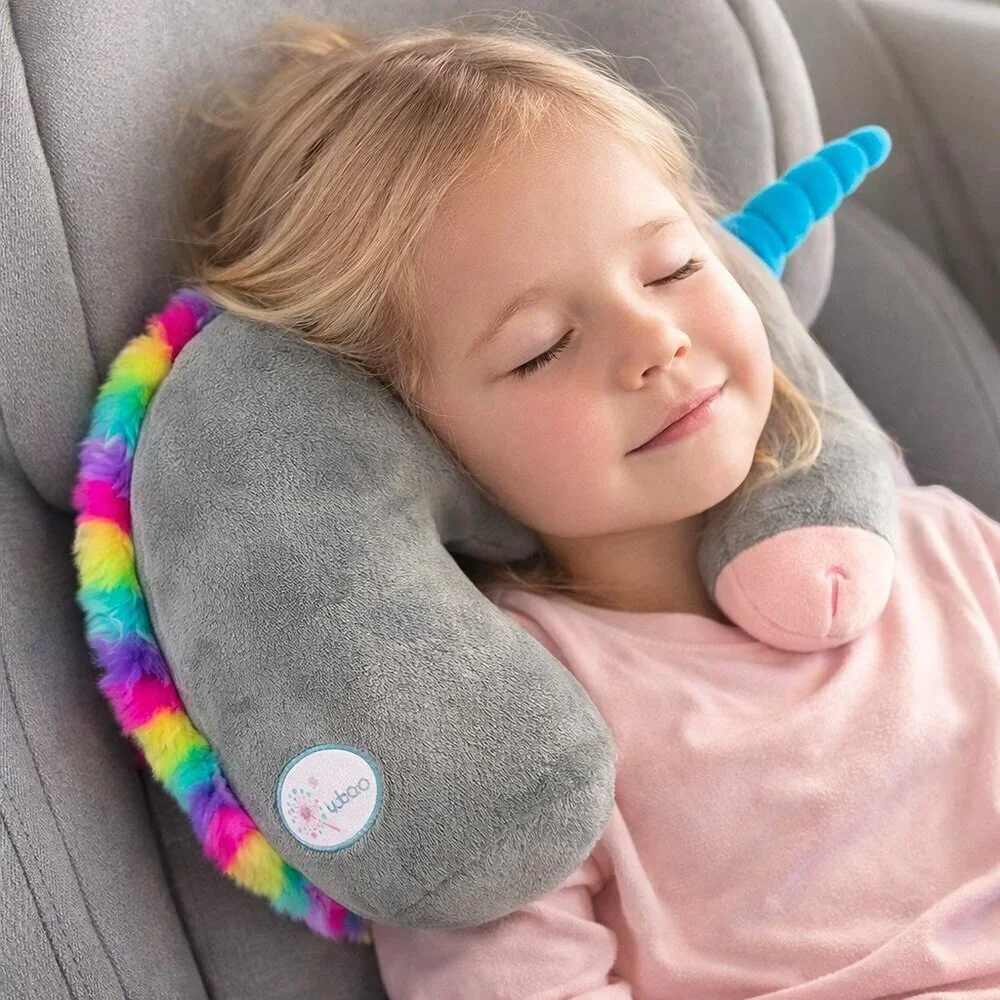 🦄 Kids Unicorn Travel Neck Pillow – Gray Plush w/ Rainbow Mane